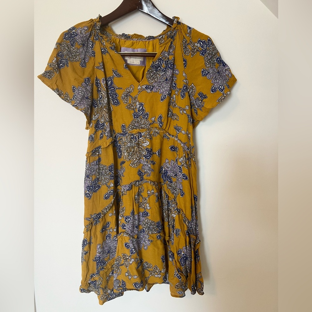 Anthropologie Mustard and Blue Floral Midi Dress